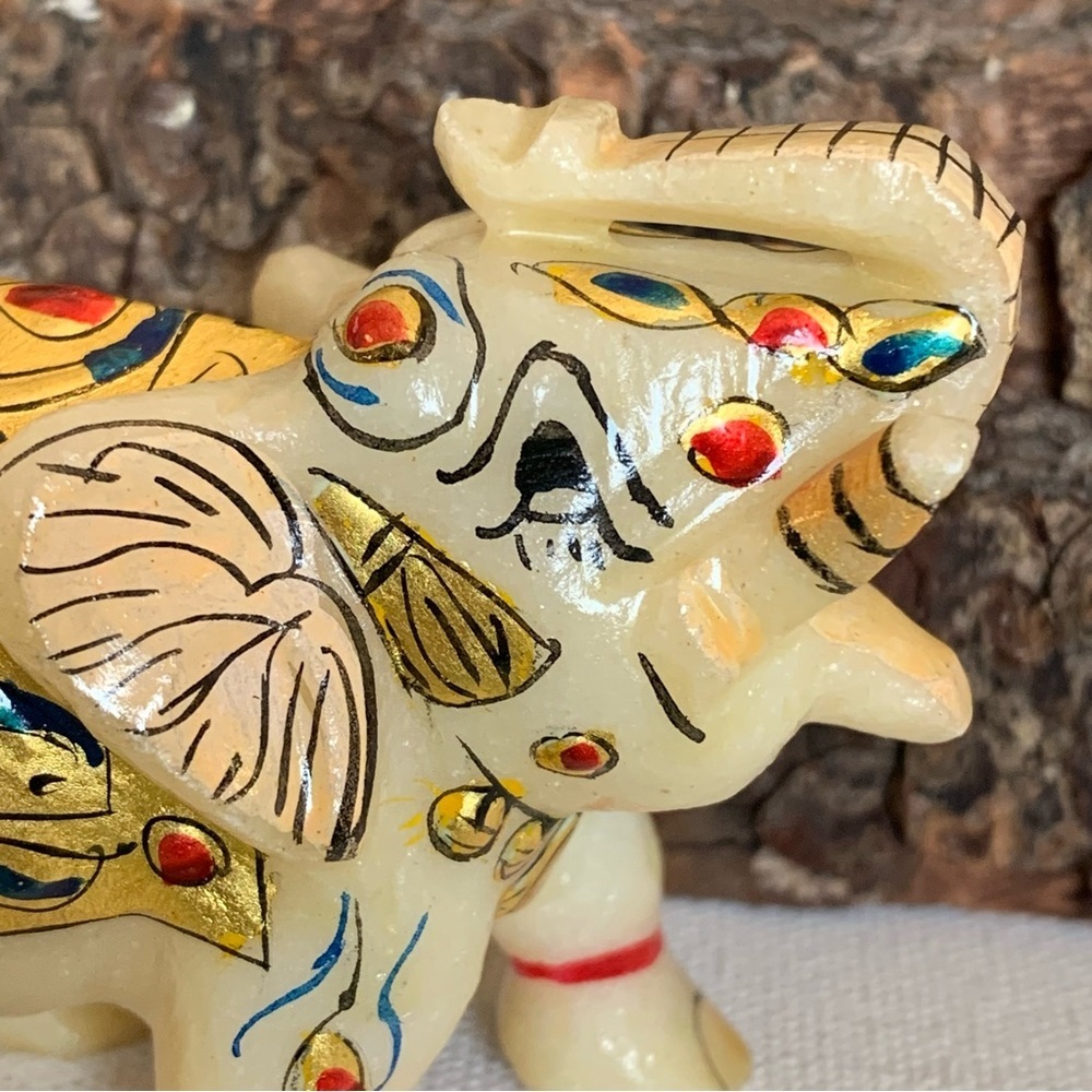 Marble Elephant Statue Trunk Up Hand Painted Indian Art home Decor Sculpture 3" - Picture 11 of 14
